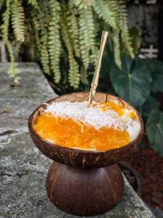 Sobremesa de manga e coco servida na cumbuca de coco